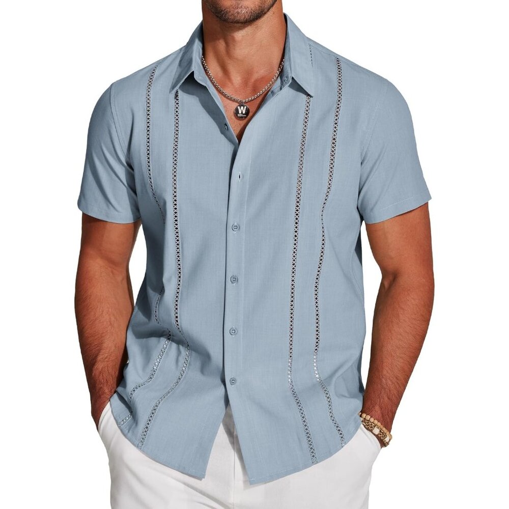 Men's Blue Short Sleeve Knit Shirt Casual Button Down Shirt Vintage Beach Tops